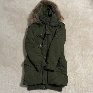Women's Olive Green Parka Coat with Faux Fur Hood